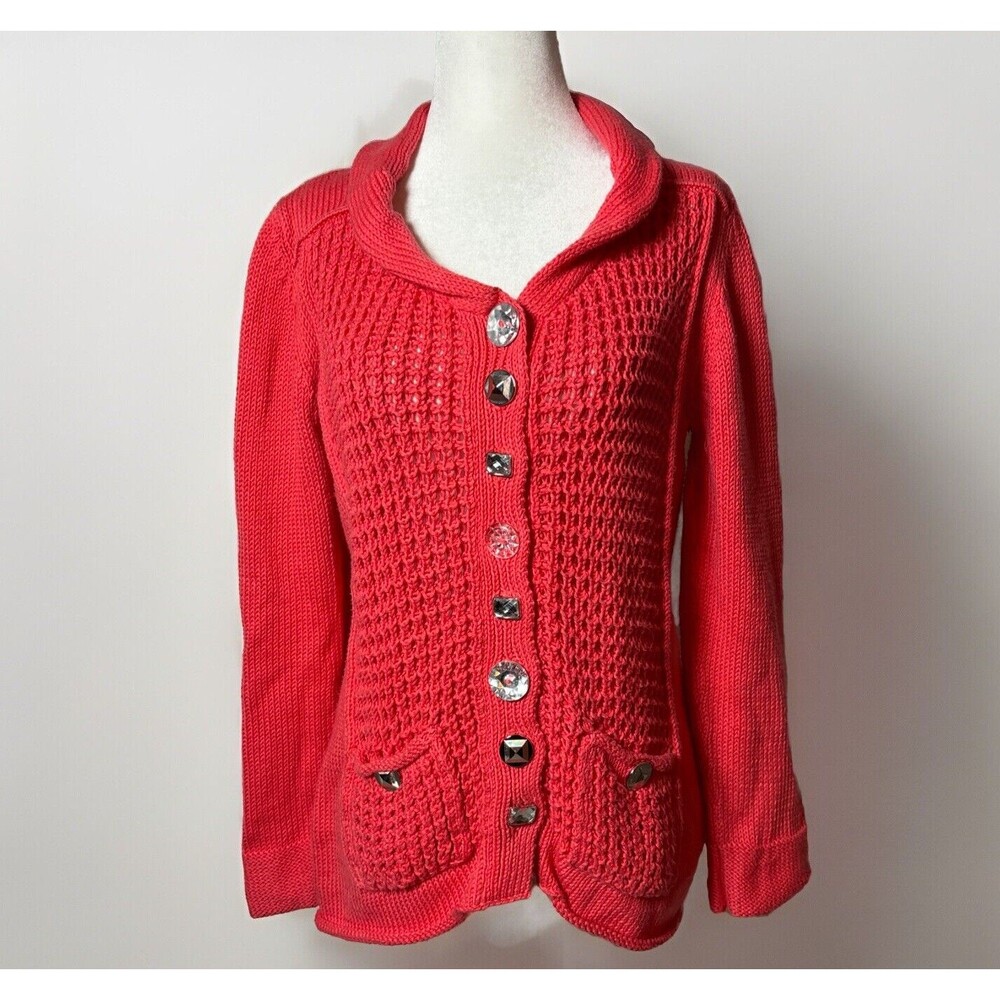 Pure Handknit Coral Chunky Knit Cardigan S/M | Cottagecore Sweater w/ Gem Button